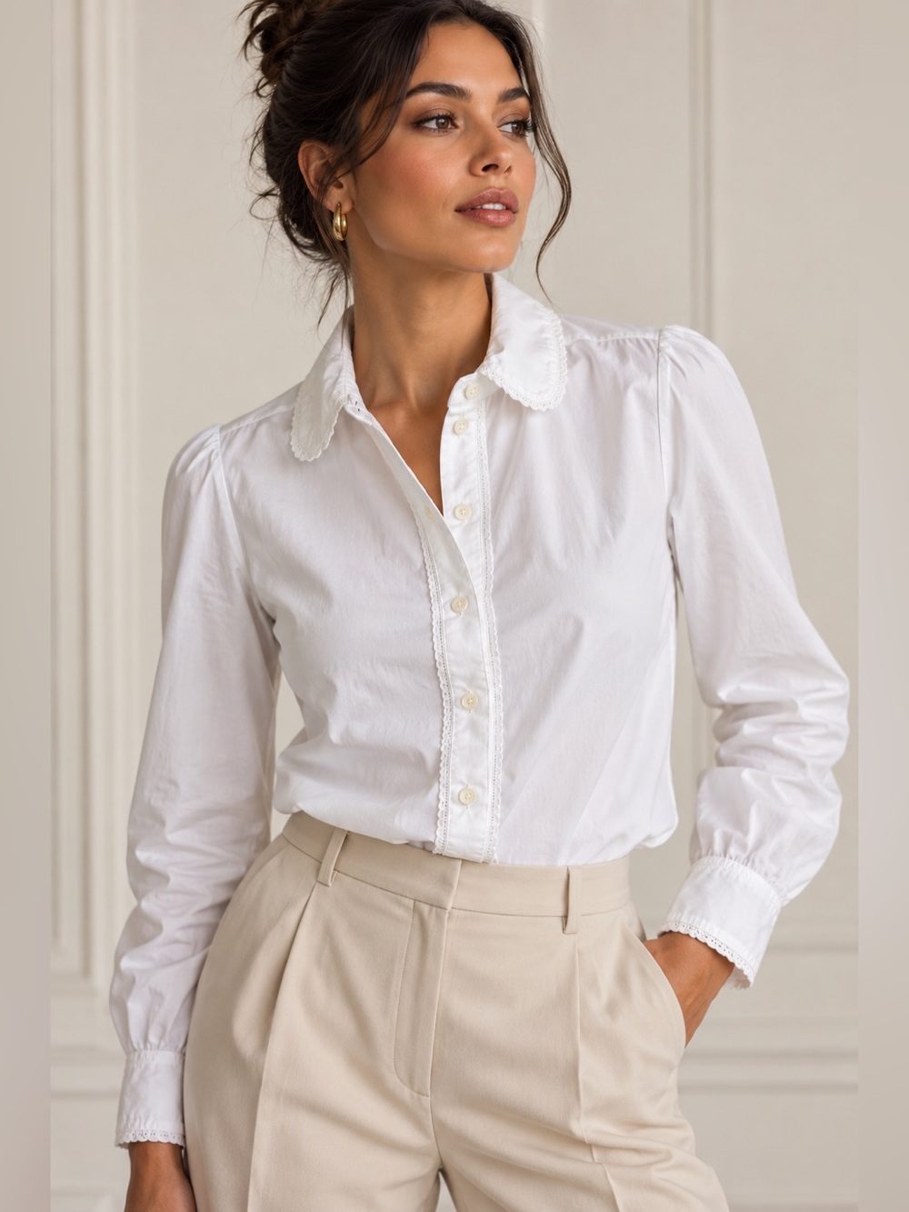 J.Crew White Cotton Embellished Collar Button Down Blouse Cottagecore M
